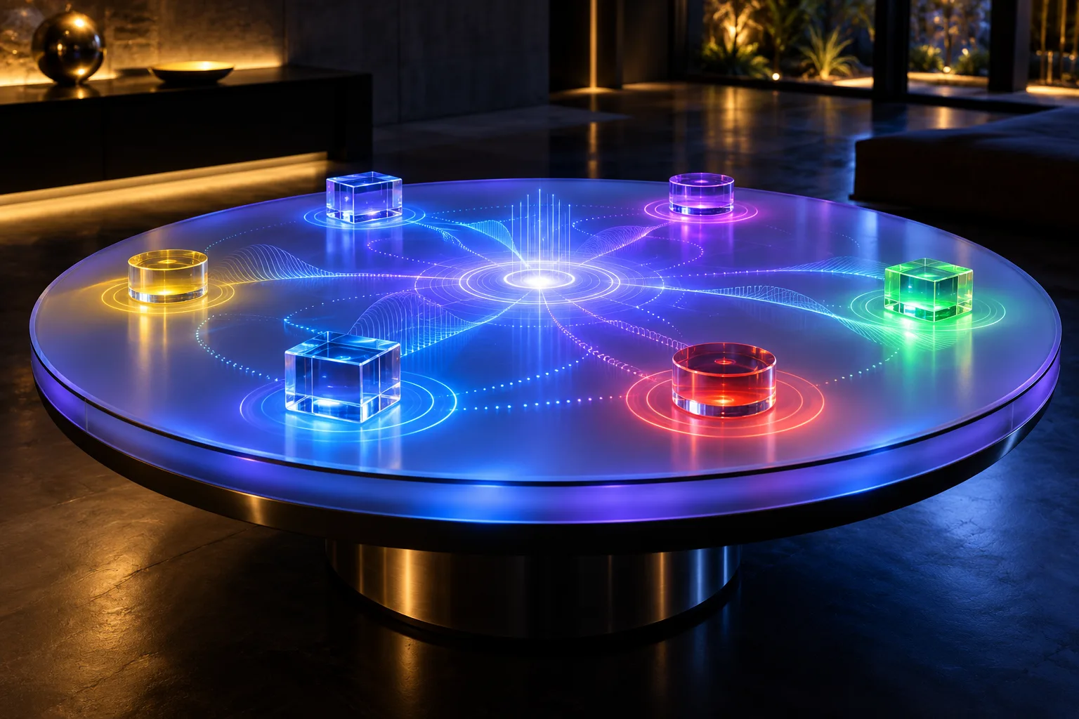 Reactable интерактивный стол: светящийся круглый стол с фигурками