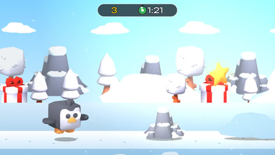 Построй ледяной мост для пингвинёнка для детей 3–7 лет: кадр игры «Пингвинёнок на льдине» для интерактивная стена