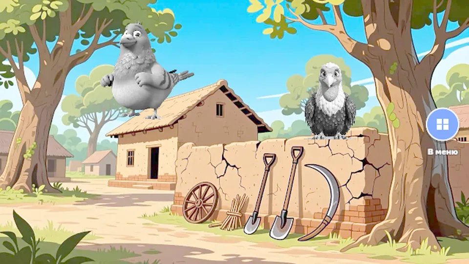 Раскрась птиц в деревне для детей 3–7 лет: кадр игры «Птицы в деревне» для интерактивная стена и пол